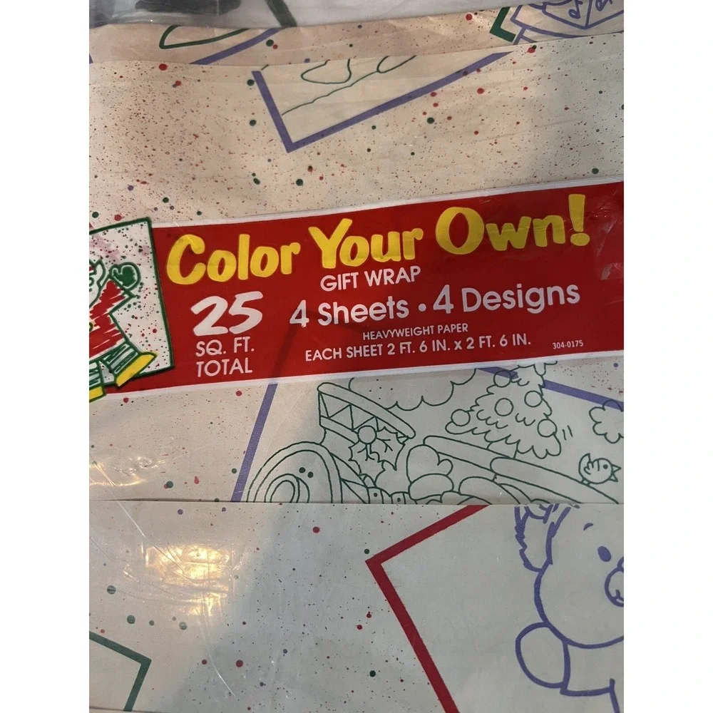 NOS VINTAGE Color Your Own Christmas Wrapping Paper Vintage Gift Wrap 4 Sheets